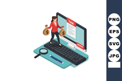 Woman carrying money bags with tax document on computer scre Product Image 1