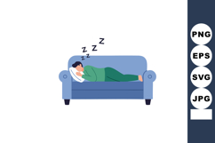 Man sleeping on blue couch resting peacefully in green pajam Product Image 1