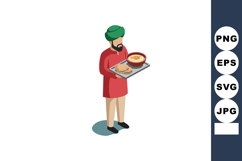 Man in traditional clothing carrying tray with bowl of food Product Image 1
