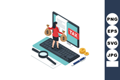 Woman holding money bags standing on keyboard paying tax onl Product Image 1