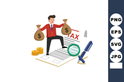 Businessman holding money bags with tax form and magnifying Product Image 1