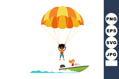 Boy parasailing over water with orange yellow parachute and Product Image 1