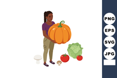 Woman holding large orange pumpkin surrounded by vegetables Product Image 1
