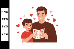 Father and son reading handmade card surrounded by red heart Product Image 1