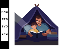 Father and son reading book inside dark blue camping tent at Product Image 1
