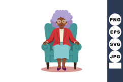 Elderly woman sitting on armchair with purple hair and red j Product Image 1