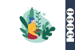 Woman Holding Potted Plant Surrounded by Green Leaves Vector Product Image 1