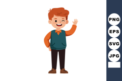 Red Haired Boy Waving Hand Wearing Casual Clothes Vector Ill Product Image 1