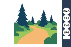 Pine Tree Forest Path with Green Bushes and Yellow Dirt Road Product Image 1