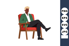 Man sitting on red chair in green jacket and black pants vec Product Image 1