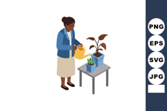 Woman watering indoor plants in blue pots on table vector il Product Image 1