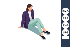 Young woman sitting casually in purple blazer and mint pants Product Image 1