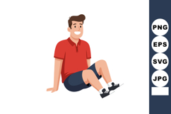 Young man sitting casually wearing red shirt and navy shorts Product Image 1