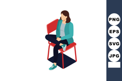 Woman sitting on red chair in casual outfit with teal jacket Product Image 1