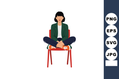 Woman sitting cross legged on red chair wearing green jacket Product Image 1