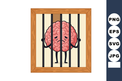 Sad cartoon brain character behind wooden jail bars locked i Product Image 1