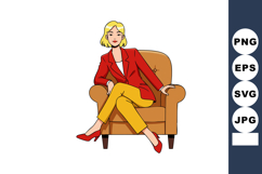 Woman in red blazer and yellow pants sitting on brown armcha Product Image 1