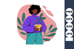 Person holding potted plant in purple sweater with teal pant Product Image 1