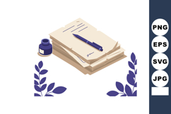Stack of paper with pen and ink bottle surrounded by purple Product Image 1