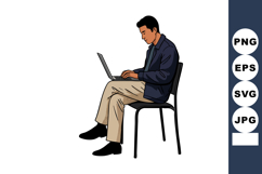 Man Sitting on Chair Working on Laptop Computer Vector Illus Product Image 1