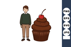 Young man standing next to large chocolate cupcake with cher Product Image 1