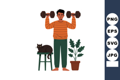 Man lifting dumbbells at home with black cat on stool and po Product Image 1