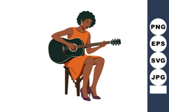 Woman sitting playing acoustic guitar in orange dress and pu Product Image 1