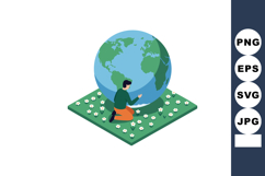 Man kneeling beside earth globe on grass with white flowers Product Image 1