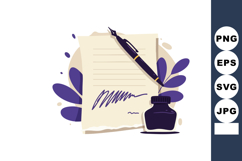 Fountain pen and ink bottle with handwritten letter and purp Product Image 1