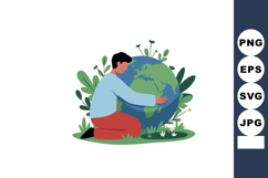 Man embracing Earth globe surrounded by green plants and flo Product Image 1