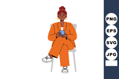 Woman in orange suit sitting on chair holding cup casual lif Product Image 1