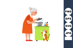 Elderly woman cooking with calico cat by stove in cozy kitch Product Image 1