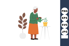 Elderly woman watering potted plant indoor home gardening ac Product Image 1