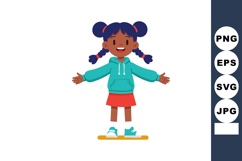 Happy little girl with blue hoodie and red skirt standing wi Product Image 1