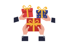 Hands holding colorful gift boxes in a flat design style for Product Image 1