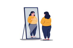 Woman admiring her reflection in a full-length mirror, flat Product Image 1