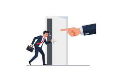 Businessman nervously entering a room with a pointing hand i Product Image 1