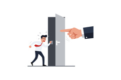 A distressed businessman being directed away from an open do Product Image 1