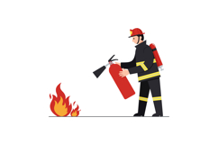 Firefighter using a fire extinguisher to combat flames in fl Product Image 1