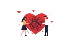 A couple untangling a messy string while standing in front o Product Image 1