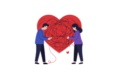Two people untangling colorful strings in front of a heart s Product Image 1