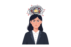 A woman with a serious expression and chaotic thoughts repre Product Image 1