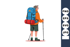 Backpacker man with hiking poles and large blue red backpack Product Image 1