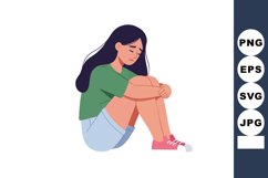 Sad woman sitting with knees hugged and eyes closed expressi Product Image 1