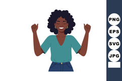 Happy young woman with curly hair smiling and raising hands Product Image 1