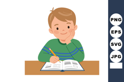 Boy studying with pencil and open book at desk in casual gre Product Image 1