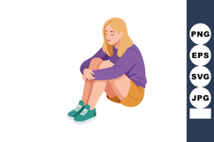 Sad young woman sitting alone with eyes closed wearing purpl Product Image 1