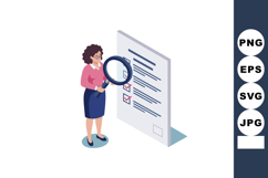 Woman examining checklist with magnifying glass detailed ins Product Image 1