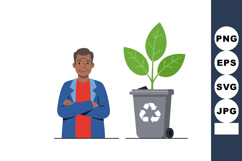 Man standing beside recycling bin with green plant symbolizi Product Image 1