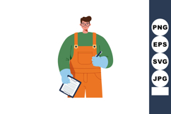 Male worker in orange overalls writing on clipboard with pen Product Image 1